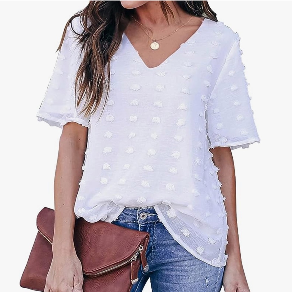 Chiffon Blouse Casual Round Neck Short Sleeve Pom Pom Shirt